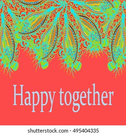 Abstract zentangle inspired art tracery card design with doodle in bright colors.