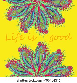 Abstract zentangle inspired art tracery card design with doodle in bright colors.