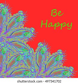 Abstract zentangle inspired art tracery card design with doodle in bright colors.