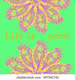 Abstract zentangle inspired art tracery card design with doodle in bright colors.
