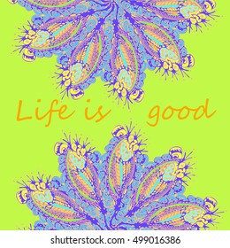 Abstract zentangle inspired art tracery card design with doodle in bright colors.
