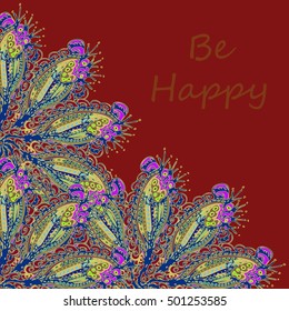 Abstract zentangle inspired art tracery card design with doodle in bright colors.