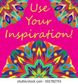 Abstract zentangle inspired art tracery card design with doodle in bright colors.