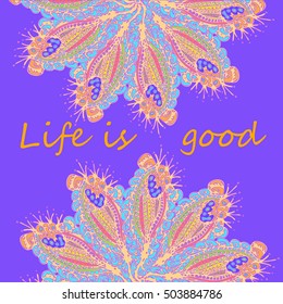 Abstract zentangle inspired art tracery card design with doodle in bright colors.