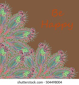 Abstract zentangle inspired art tracery card design with doodle in bright colors.