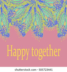 Abstract zentangle inspired art tracery card design with doodle in bright colors.