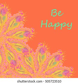 Abstract zentangle inspired art tracery card design with doodle in bright colors.