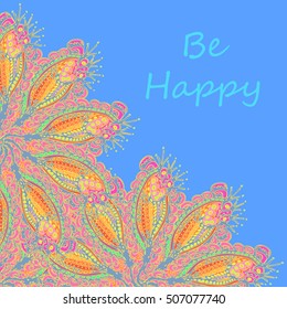 Abstract zentangle inspired art tracery card design with doodle in bright colors.