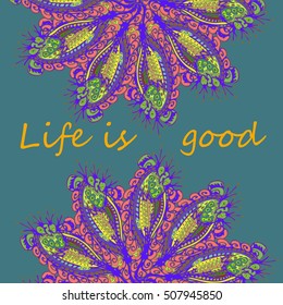 Abstract zentangle inspired art tracery card design with doodle in bright colors.