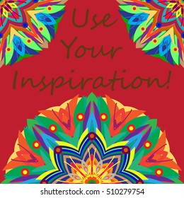 Abstract zentangle inspired art tracery card design with doodle in bright colors.