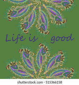 Abstract zentangle inspired art tracery card design with doodle in bright colors.