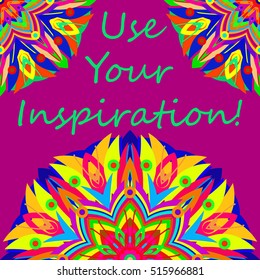 Abstract zentangle inspired art tracery card design with doodle in bright colors.