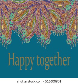 Abstract zentangle inspired art tracery card design with doodle in bright colors.