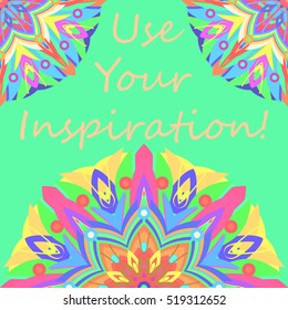 Abstract zentangle inspired art tracery card design with doodle in bright colors.