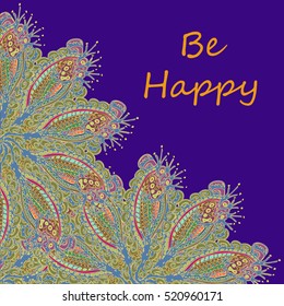 Abstract zentangle inspired art tracery card design with doodle in bright colors.