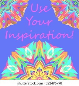 Abstract zentangle inspired art tracery card design with doodle in bright colors.