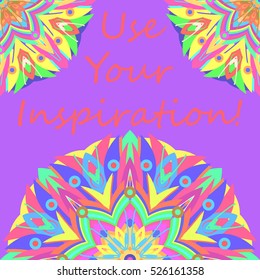 Abstract zentangle inspired art tracery card design with doodle in bright colors.