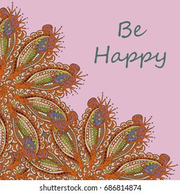 Abstract zentangle inspired art tracery card design with doodle in bright colors.