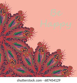 Abstract zentangle inspired art tracery card design with doodle in bright colors.