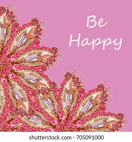 Abstract zentangle inspired art tracery card design with doodle in bright colors.