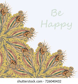 Abstract zentangle inspired art tracery card design with doodle in bright colors.