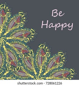 Abstract zentangle inspired art tracery card design with doodle in bright colors.