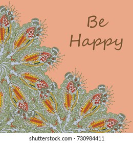 Abstract zentangle inspired art tracery card design with doodle in bright colors.