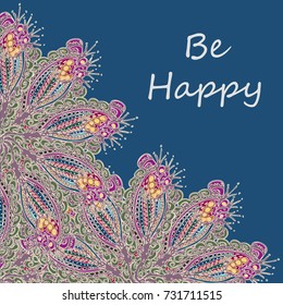 Abstract zentangle inspired art tracery card design with doodle in bright colors.