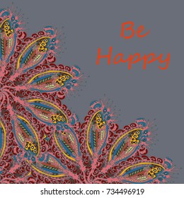 Abstract zentangle inspired art tracery card design with doodle in bright colors.