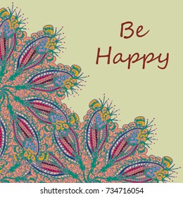 Abstract zentangle inspired art tracery card design with doodle in bright colors.