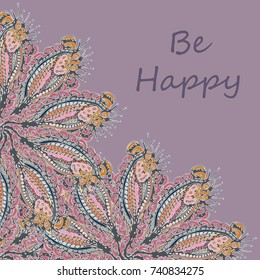 Abstract zentangle inspired art tracery card design with doodle in bright colors.