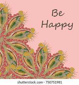 Abstract zentangle inspired art tracery card design with doodle in bright colors.