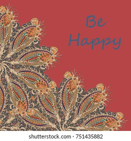 Abstract zentangle inspired art tracery card design with doodle in bright colors.
