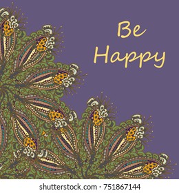 Abstract zentangle inspired art tracery card design with doodle in bright colors.
