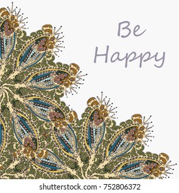 Abstract zentangle inspired art tracery card design with doodle in bright colors.