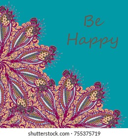Abstract zentangle inspired art tracery card design with doodle in bright colors.