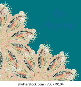 Abstract zentangle inspired art tracery card design with doodle in bright colors.