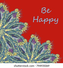 Abstract zentangle inspired art tracery card design with doodle in bright colors.