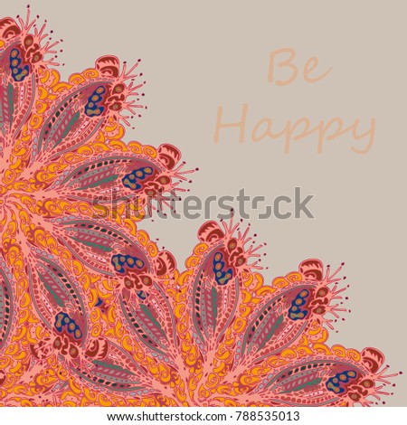 Abstract zentangle inspired art tracery card design with doodle in bright colors.