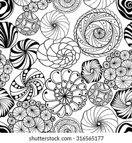 Abstract zentangle seamless pattern. Doodle black and white hand-drawn background.