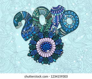 Abstract zentangle winter new year Christmas postcard with text 2019 on top of mandala flower.