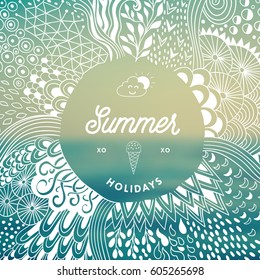 Abstract zentangles frame on ocean unfocused landscape background