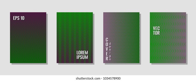 Abstract zig zag banner templates, wavy lines gradient stripes backgrounds for music cover. Curve shapes stripes, zig zag edge lines halftone texture gradient cover layouts green violet set.