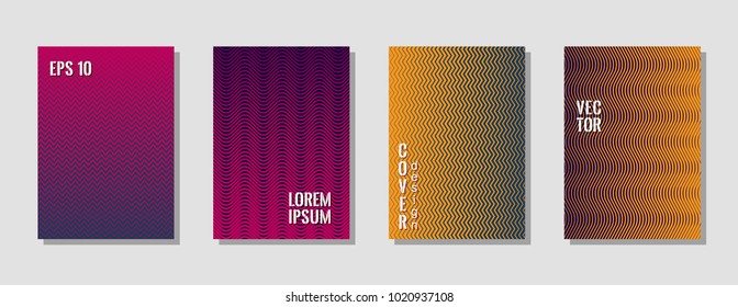 Abstract zig zag lines gradient texture curves background for fashion cover. Wavy stripes and zig zag vector halftone lines texture posters set in orange, dark blue and magenta colors.