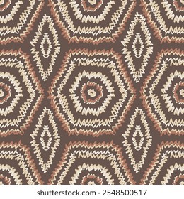 Abstract zig zag wave seamless hand drawn vector pattern. 
Geometric decorative seamless Embroidery pattern on brown background.