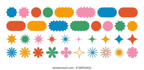 Abstract Zigzag Border Shape Stickers. Vector Icon Frames with Scallop Edges. Retro Design of Round, Star and Flower Shaped Labels. Oval and Starburst Form Stickers. Y2k Frame Collection Featuring Retro Labels, Organic Borders, and Abstract Graphic Elements for Modern Design Projects.
