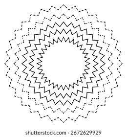 Círculo de ziguezague abstrato. Padrão de explosão solar radial. Gráfico de vetor monocromático. Ilustração de formas concêntricas. EPS 10.