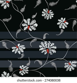 Abstract zigzag geometric flower seamless pattern with striped black background