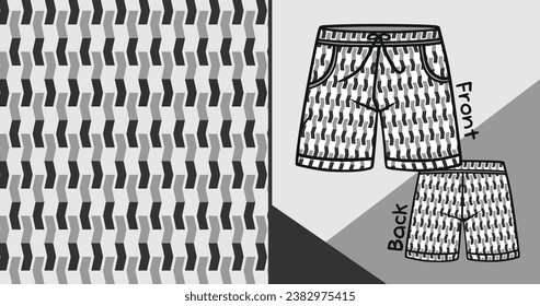 Abstract Zigzag Isometric Seamless Pattern in Gray and Black. Short Pants Mockup Vector Design. Suitable for Versatile Media Use 