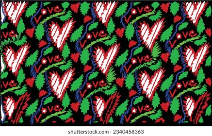 Abstract zigzag lines texture background pattern. White and red heart of love word, green leaf, blue border. Vector illustration.